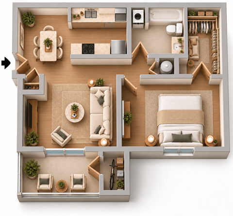 Floor plan for 1 bed, 1 bath, 706 sqft